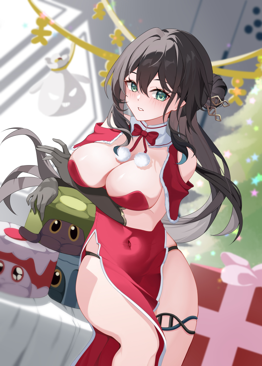 1girl, absurdres, alternate_costume, aqua_eyes, black_hair, bow, bowtie, box, breasts, christmas, christmas_present, christmas_tree, clara_(honkai:_star_rail), clara_(pure_sugar_child)_(honkai:_star_rail), cleavage, cake_cat_(honkai:_star_rail), dna, dress, ederh, elbow_gloves, gift, gift_box, gloves, grey_gloves, highres, honkai:_star_rail, honkai_(series), large_breasts, long_hair, panty_straps, parted_lips, red_bow, red_bowtie, red_dress, ruan_mei_(honkai:_star_rail), santa_costume, thigh_strap, thighs, trailblazer_(honkai:_star_rail), trailblazer_(trash_cake)_(honkai:_star_rail)