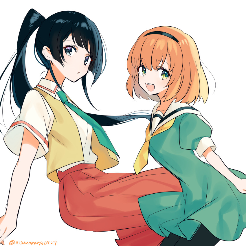 2girls, :d, absurdres, black_hair, black_hairband, black_pantyhose, brown_hair, character_request