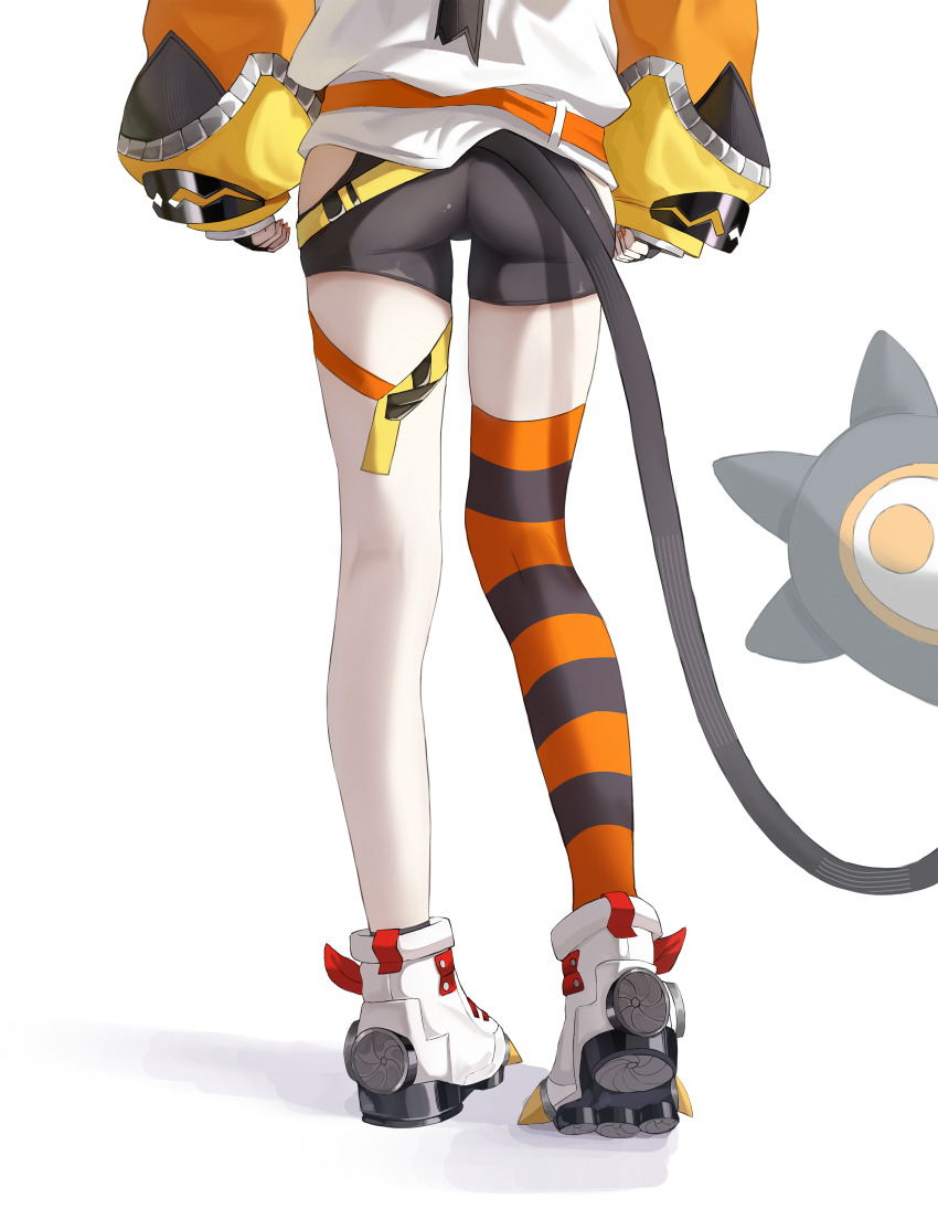 1girl, absurdres, ass, belt, bike_shorts, black_gloves, black_shorts, black_thighhighs