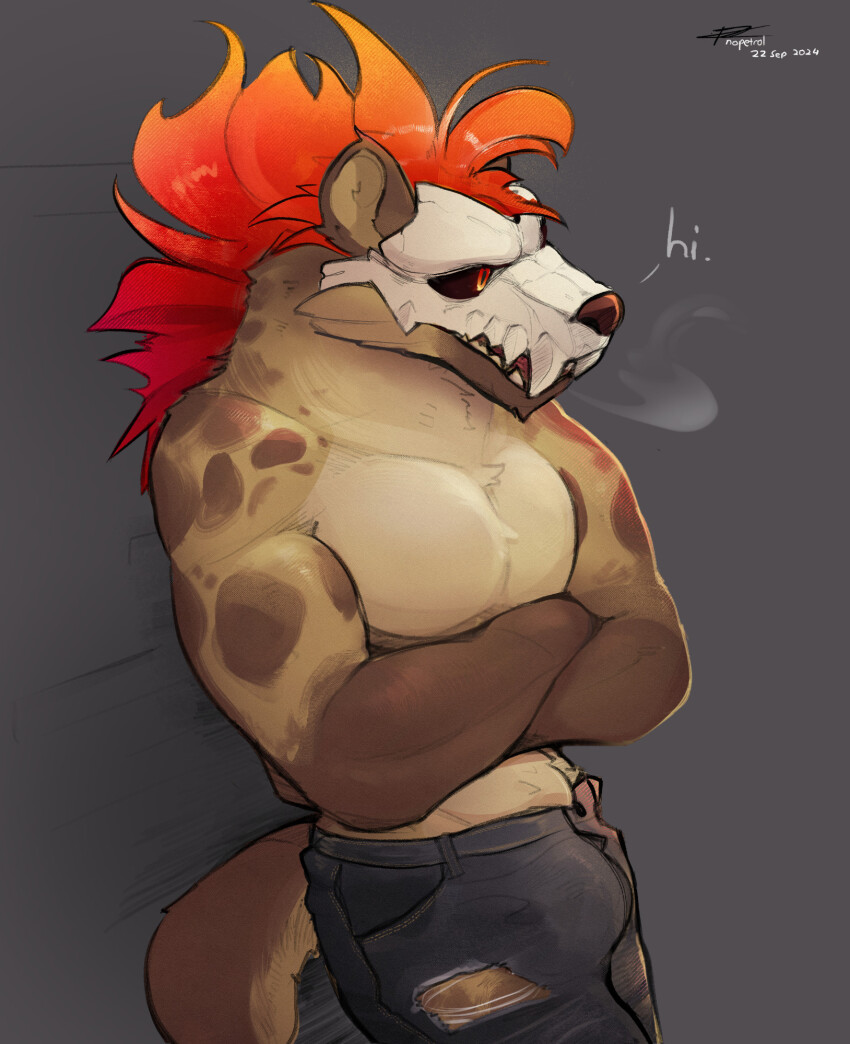 1boy, artist_name, black_pants, black_sclera, colored_sclera, commentary, crossed_arms, dated, denim, english_commentary, fangs, forsburn, furry, furry_male, grey_background, highres, hyena_boy, hyena_ears, hyena_tail, jeans, looking_to_the_side, male_focus, mask, mouth_mask, muscular, muscular_male, nopetrol, open_mouth, pants, pectorals, red_eyes, rivals_of_aether, signature, skull_mask, talking, topless_male, torn_clothes, torn_jeans, torn_pants