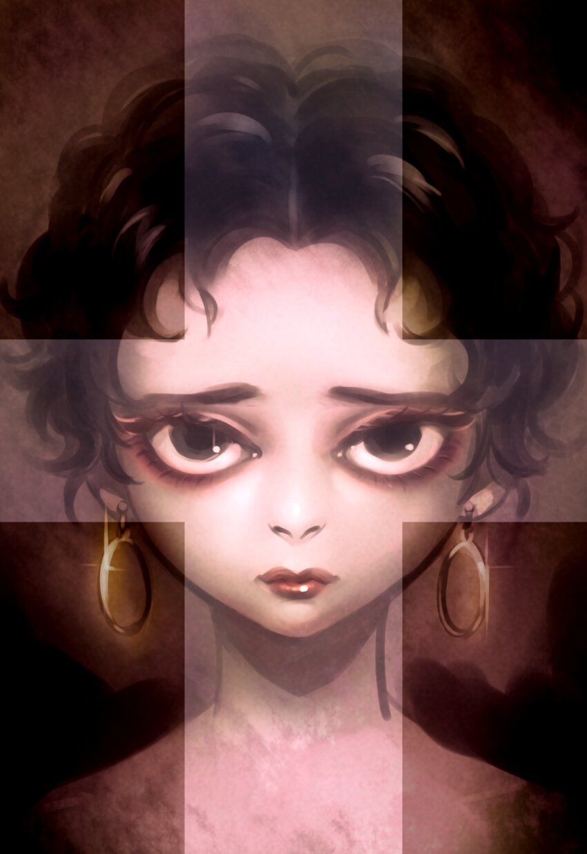 1girl, betty_boop, betty_boop_(series), black_eyeliner, black_hair, closed_mouth, cross, curly_hair