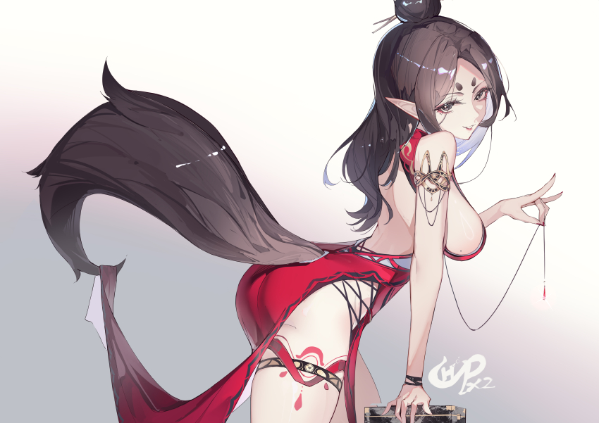 1girl, absurdres, alternate_costume, animal_ears, ass, backless_dress, backless_outfit, bare_hips, bare_shoulders, black_eyes, black_myth:_wukong, breasts, brown_hair, chahu_pao, china_dress, chinese_clothes, dress, eyeshadow, fox_ears, fox_girl, fox_shadow_puppet, fox_tail, highres, large_breasts, long_hair, makeup, pelvic_curtain, pingping_(black_myth:_wukong), red_eyeshadow, tagme, tail, thighs