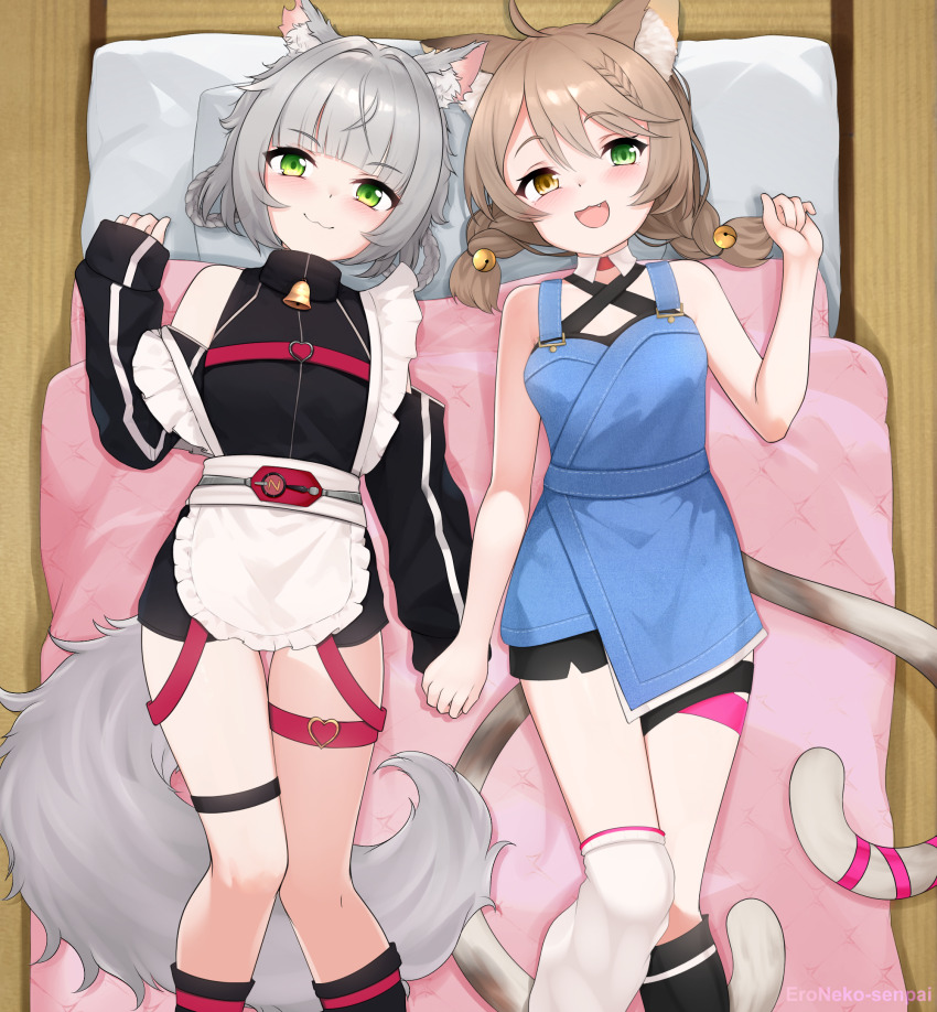 2girls, animal_ear_fluff, animal_ears, asymmetrical_legwear, bed_sheet, bell, blanket, breasts