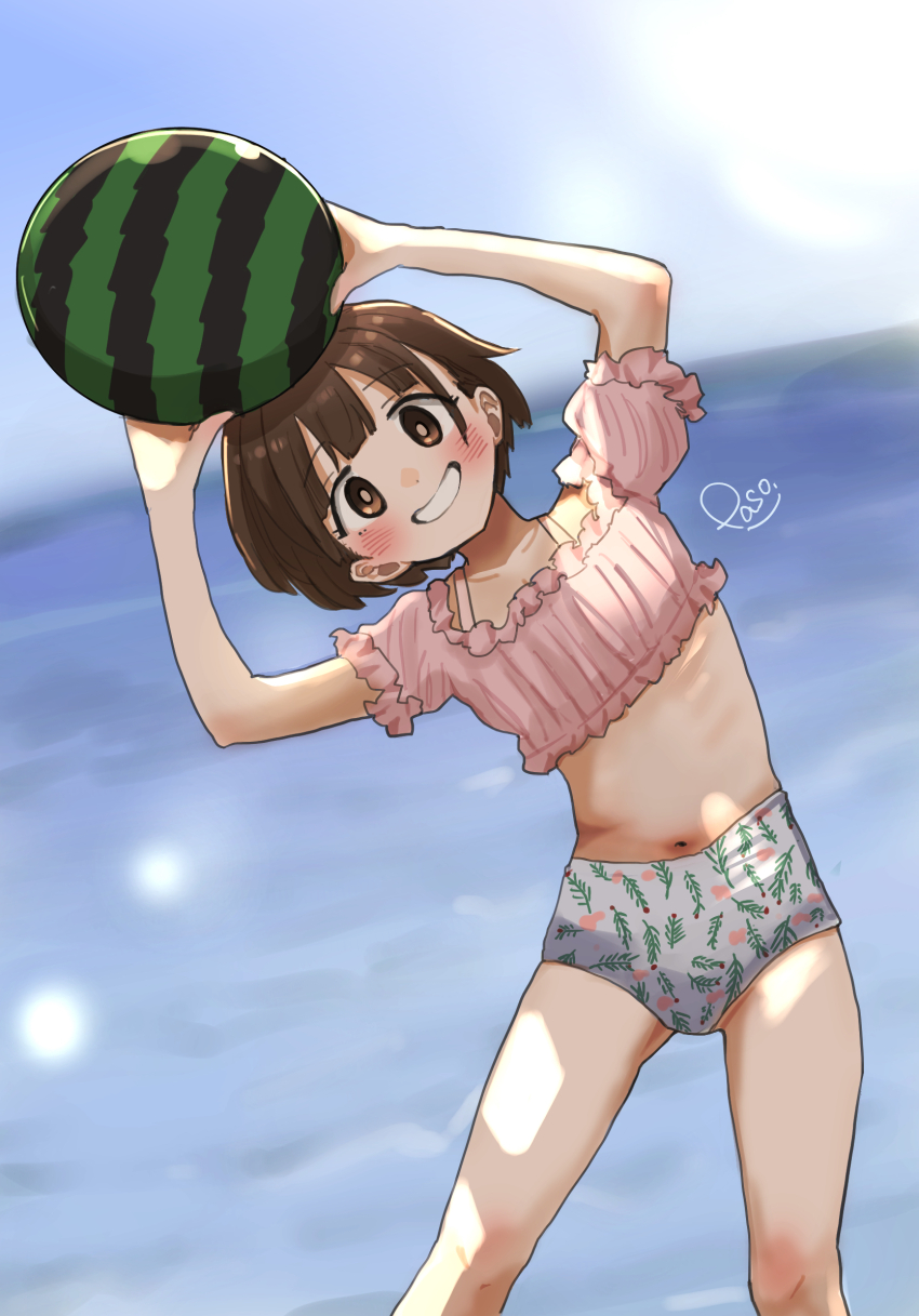 1girl, arms_up, ball, beachball, bikini, blush, boku_no_kokoro_no_yabai_yatsu, brown_hair