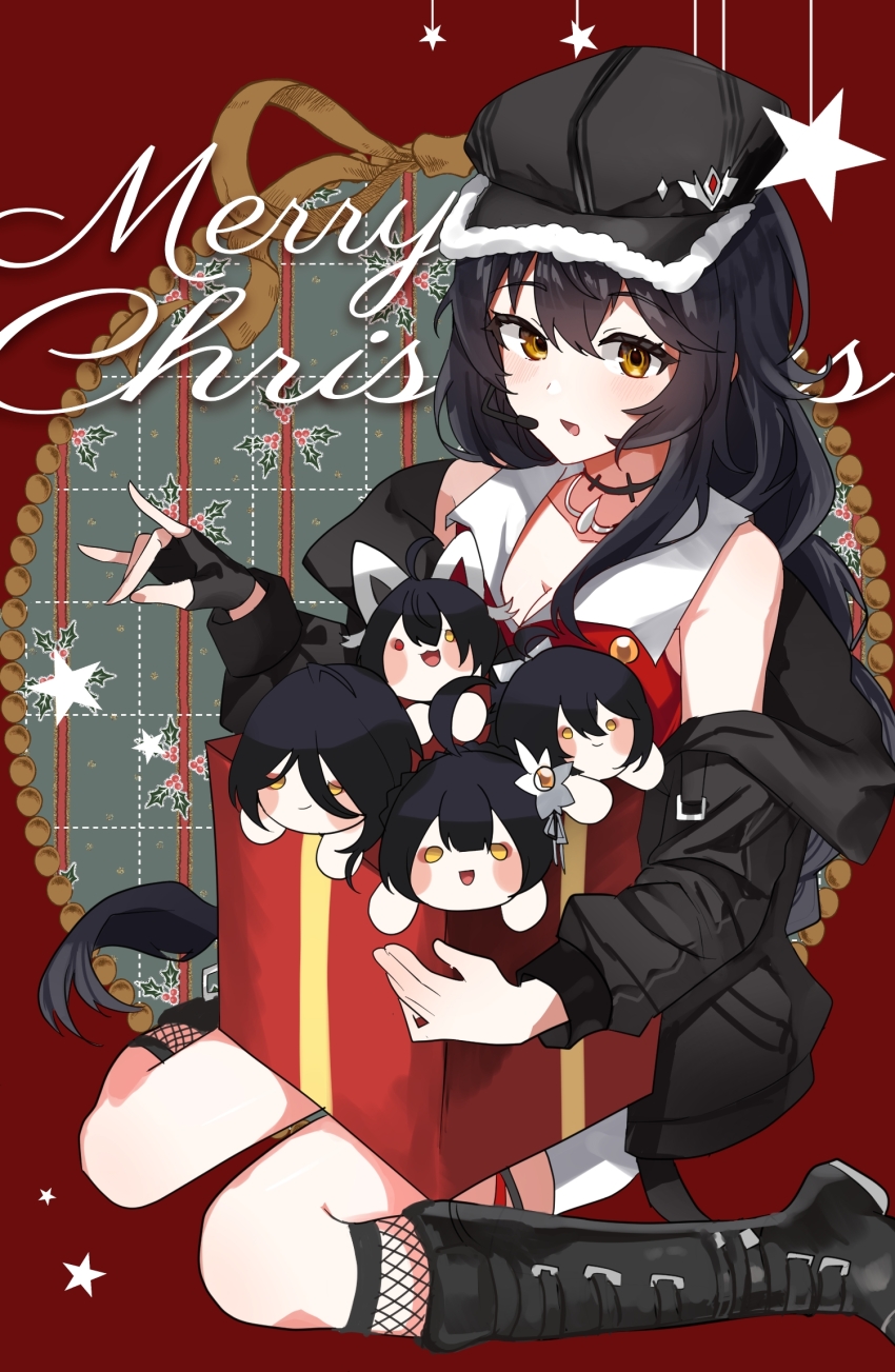 1girl, ara_haan, asdff9919, bare_shoulders, black_boots, black_gloves, black_hair, black_hat