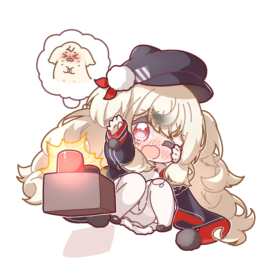 1girl, azur_lane, black_hat, blonde_hair, blush, newsboy_cap, chibi, commentary