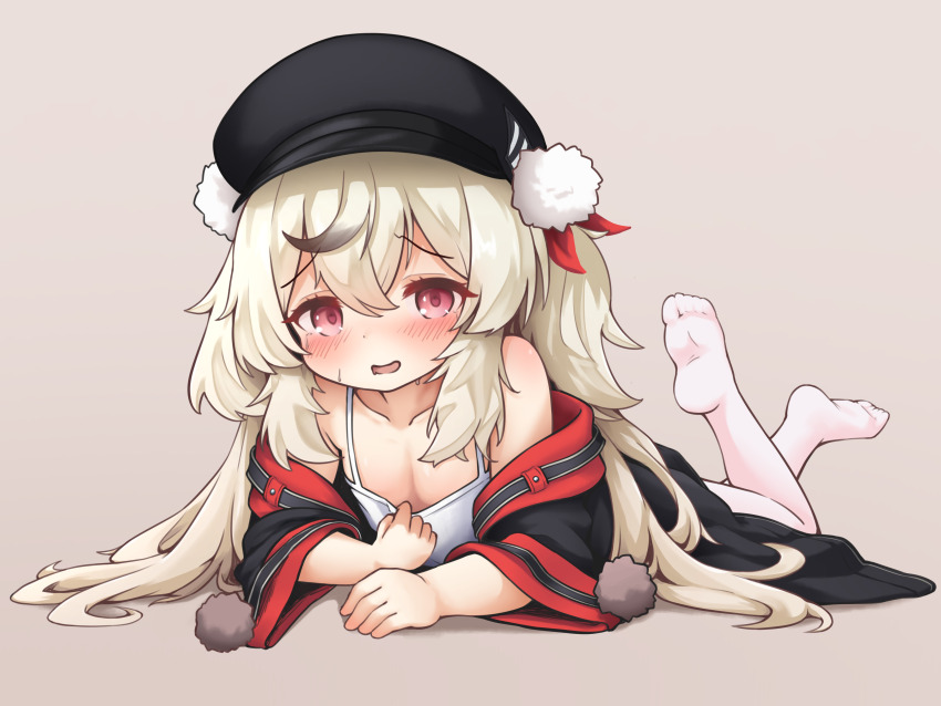 1girl, absurdres, azur_lane, bare_shoulders, black_hair, black_hat, black_jacket, blonde_hair, blush, newsboy_cap, camisole, collarbone, commentary_request, crossed_bangs, feet_up, flat_chest, full_body, grey_background, hair_between_eyes, hat, heart, heart_in_eye, highres, jacket, long_hair, long_sleeves, looking_at_viewer, lying, multicolored_hair, no_shoes, off_shoulder, on_stomach, open_clothes, open_jacket, open_mouth, pantyhose, pom_pom_(clothes), purple_eyes, shoboimu, sidelocks, simple_background, soles, solo, spaghetti_strap, streaked_hair, sweat, symbol_in_eye, the_pose, toes, two-tone_hair, two_side_up, variant_set, white_camisole, white_pantyhose, wide_sleeves, z9_(azur_lane)