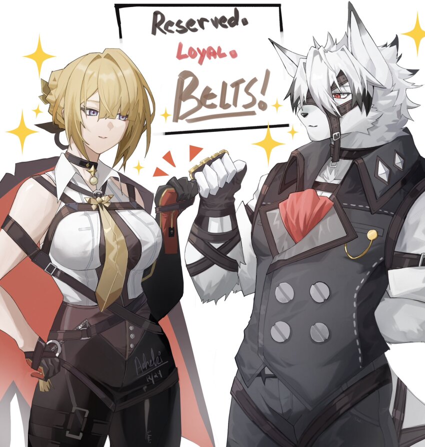 1boy, 1girl, acheki, animal_ears, arm_behind_back, arm_strap, artist_name, ascot, black_gloves, black_pants, blonde_hair, closed_mouth, colored_tips, commentary, dated, english_commentary, english_text, evelyn_chevalier, eyepatch, fingerless_gloves, fist_bump, furry, furry_male, gloves, grey_vest, hand_on_own_hip, highres, looking_at_another, multicolored_hair, pants, purple_eyes, red_ascot, red_eyes, shirt, sleeveless, sleeveless_shirt, sleeves_rolled_up, smile, sparkle, tail, vest, von_lycaon, white_shirt, wolf_boy, wolf_ears, wolf_tail, zenless_zone_zero