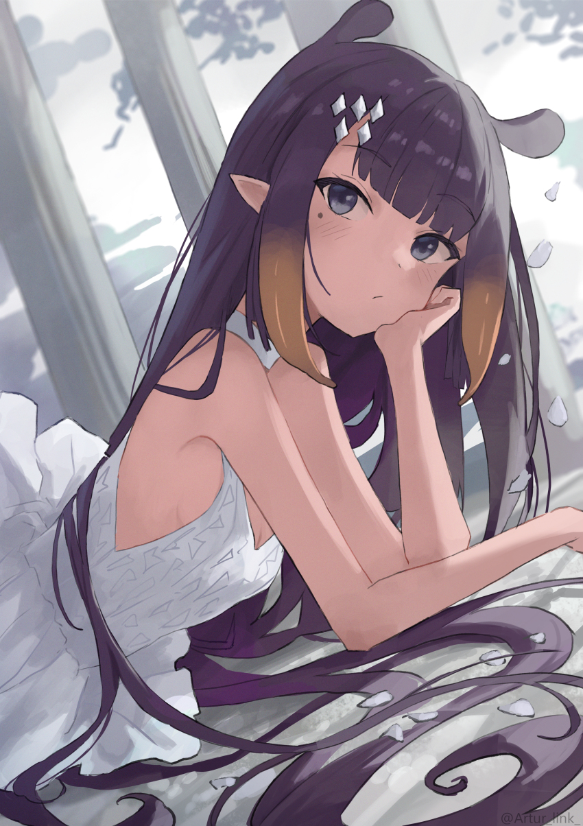 1girl, absurdres, alternate_costume, artur_link, bare_shoulders, blue_eyes, blunt_bangs, blush