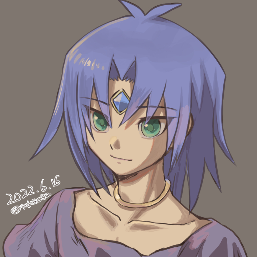1girl, antenna_hair, closed_mouth, collarbone, forehead_jewel, green_eyes, grey_background, jewelry, looking_ahead, looking_at_viewer, moiko, necklace, portrait, purple_hair, shirt, short_hair, simple_background, smile, solo, yu-gi-oh!, yu-gi-oh!_gx, yubel, yubel_(human)