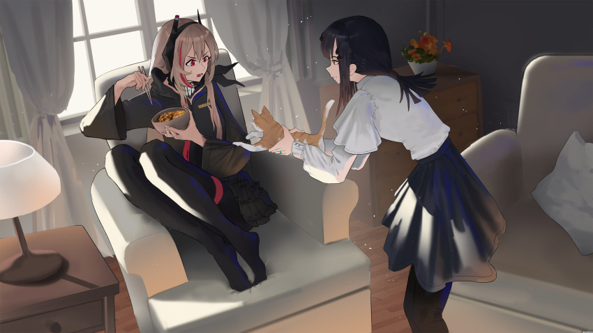 2girls, animal, black_hair, black_jacket, black_pantyhose, black_skirt, bowl, brown_hair