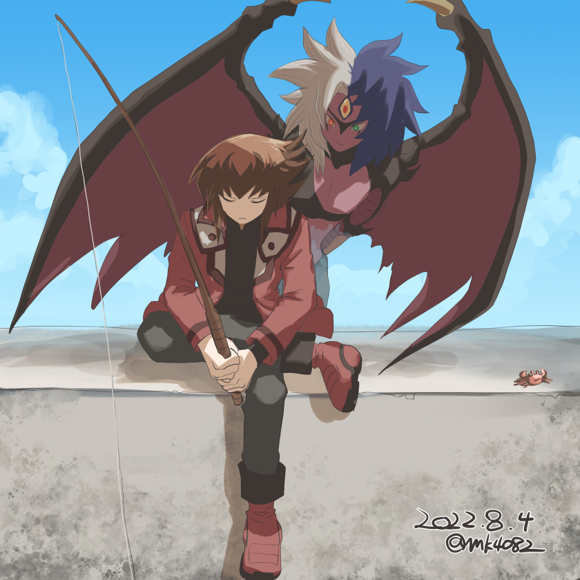 1boy, 1other, black_pants, blue_sky, brown_hair, closed_mouth, closing, crab