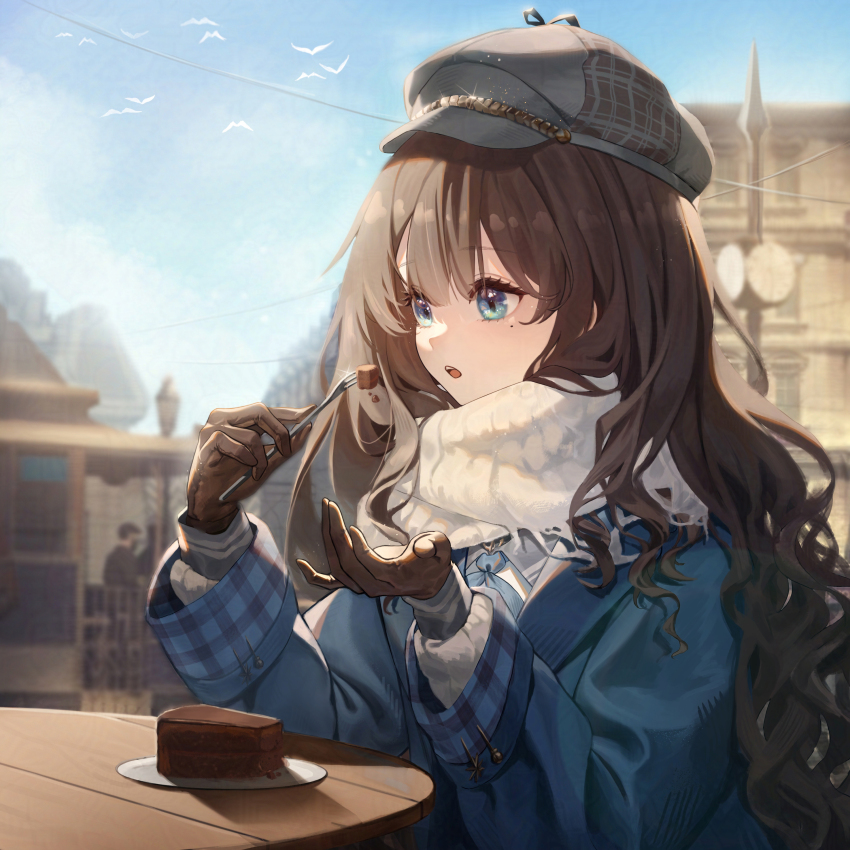 1girl, :o, absurdres, blue_coat, blue_eyes, blue_neckerchief, blue_sky, blurry, blurry_background, brown_gloves, brown_hair, building, newsboy_cap, cake, cake_slice, changi_16, coat, day, eating, food, fork, gloves, grey_hat, hands_up, hat, highres, holding, holding_fork, long_hair, looking_at_food, marcus_(reverse:1999), mole, mole_under_eye, neckerchief, outdoors, people, plate, reverse:1999, round_table, sachertorte_(food), scarf, sky, solo, streetcar, table, upper_body, wavy_hair, white_scarf