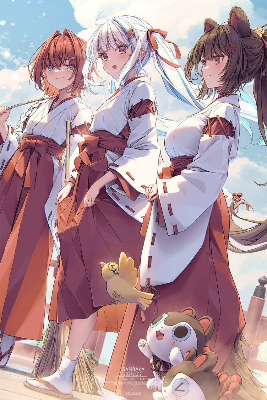 >_<, 3girls, :d, alternate_costume, ange_katrina, animal_ears, artist_name, bamboo_broom