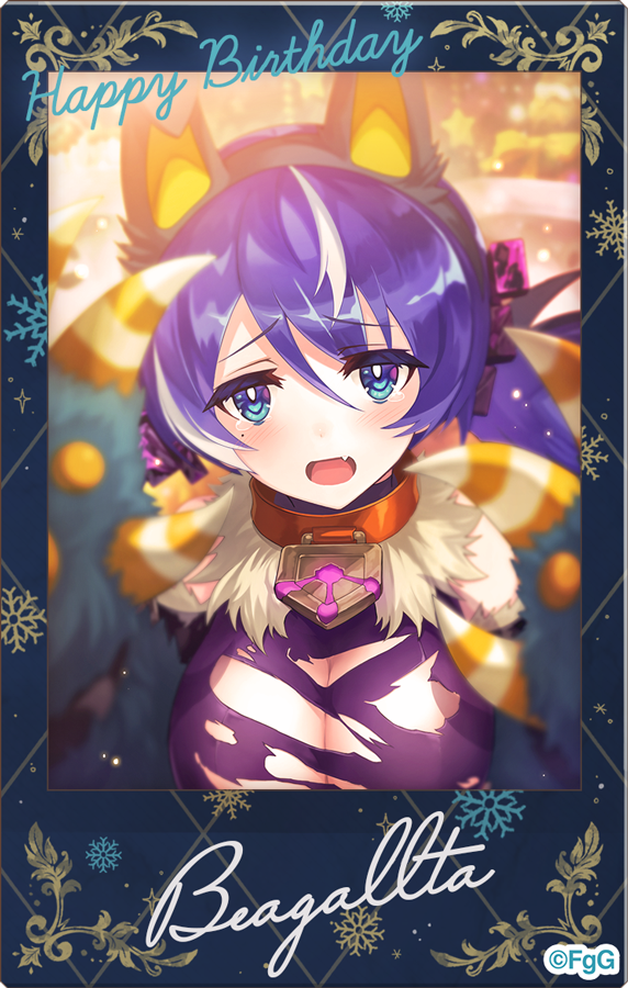 1girl, animal_ear_hairband, animal_ears, beagallta_(phantom_of_the_kill), blue_eyes, blue_hair, breasts, character_name, cleavage, commentary_request, copyright_notice, fake_animal_ears, fang, g-row, hairband, happy_birthday, large_breasts, lock, looking_at_viewer, mole, mole_under_eye, multicolored_hair, official_alternate_costume, official_art, open_mouth, padlock, padlocked_collar, phantom_of_the_kill, polaroid_photo, second-party_source, skin_fang, solo, streaked_hair, tearing_up, torn_clothes, white_hair