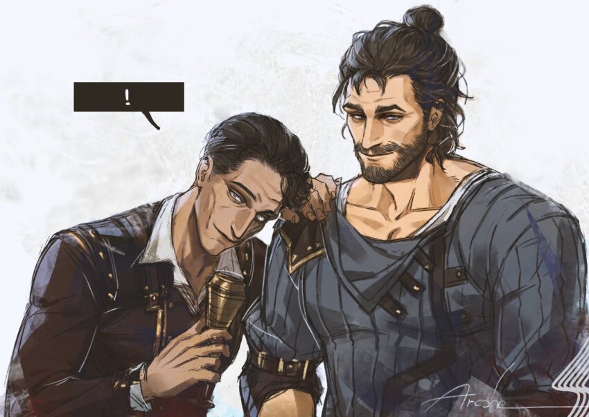 !, 2boys, arcane:_league_of_legends, beard, blue_shirt, collarbone, commentary, copyright_name