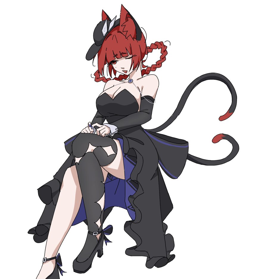 1girl, ;d, absurdres, alternate_costume, animal_ear_fluff, animal_ears, black_dress, black_hat