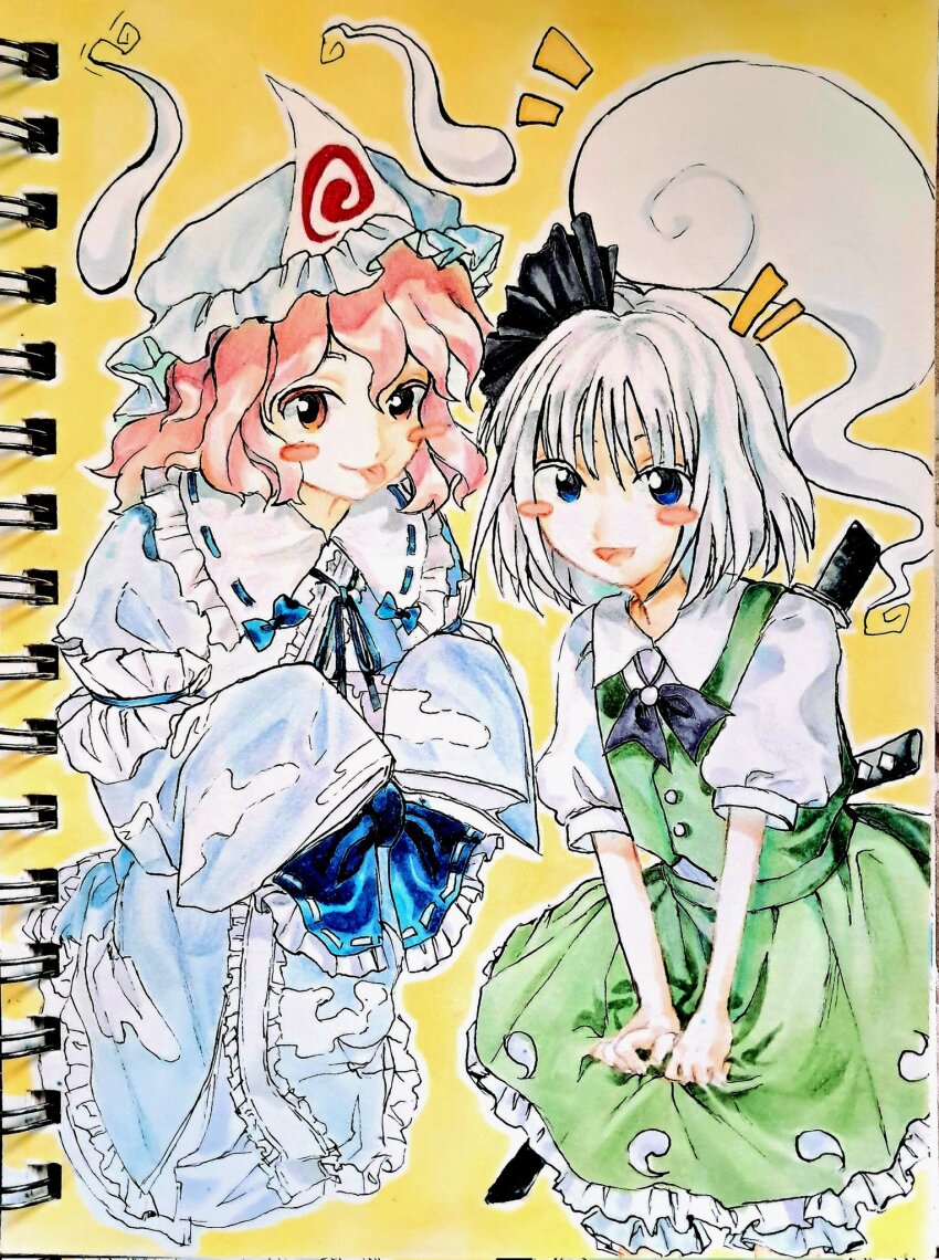 2girls, black_hairband, blue_hat, blue_kimono, blush_stickers, commentary, ghost, ghost_print