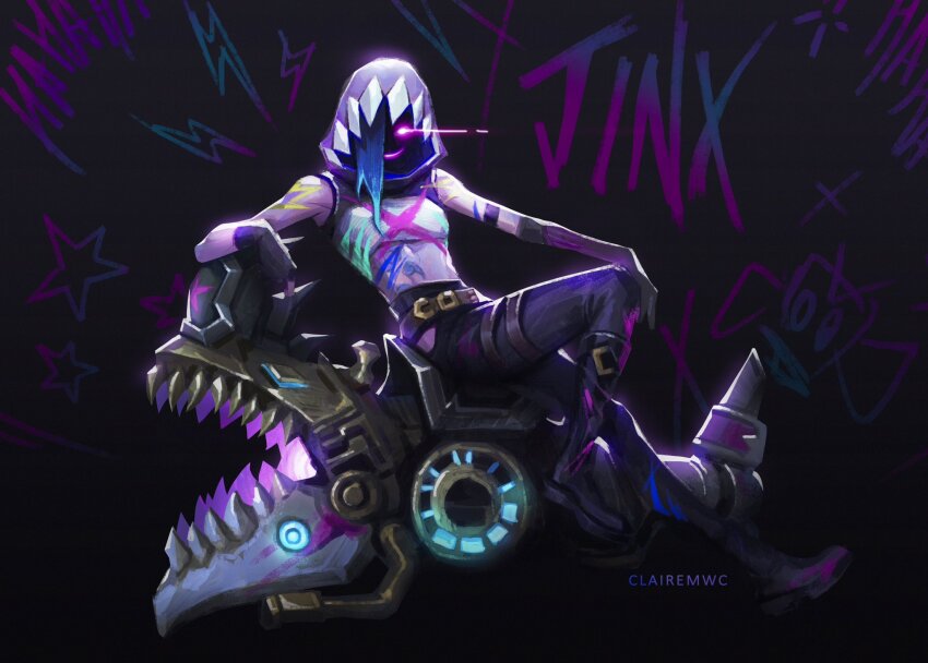 1girl, arcane:_league_of_legends, arcane_fractured_jinx, artist_name, asymmetrical_bangs, bare_shoulders, belt, black_gloves
