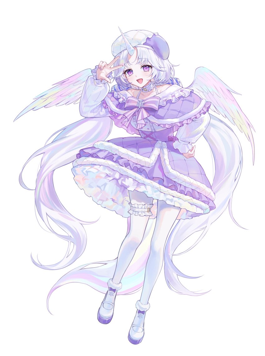 1girl, absurdres, ayatsuno_yuni, bow, cross-shaped_pupils, dress, feathered_wings, grey_hair