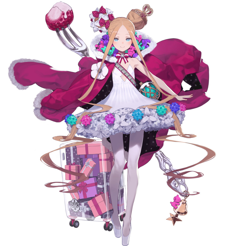 1girl, abigail_williams_(fate), abigail_williams_(santa)_(fate), bare_shoulders, bell, blonde_hair, blue_eyes, blush