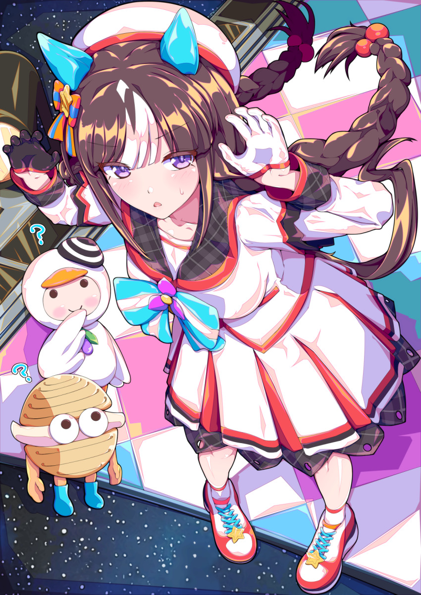 ?, beret, black_hair, blunt_bangs, braid, breasts, commentary_request, confused