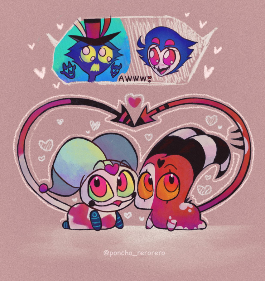 4boys, asmodeus_(helluva_boss), bird, bird_boy, blitzo_(helluva_boss), demon_boy, demon_horns, demon_tail, extra_eyes, fizzarolli_(helluva_boss), green_eyes, grey_feathers, hellaverse, helluva_boss, highres, horns, multiple_boys, owl, owl_boy, red_eyes, rzps3455, sitting, stolas_(helluva_boss), tail