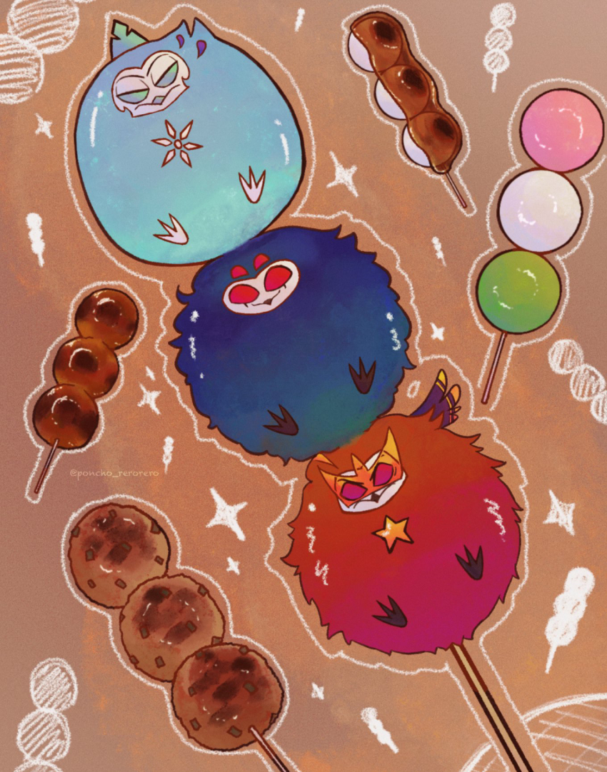 3boys, andrealphus_(helluva_boss), bird, bird_boy, blue_eyes, blue_feathers, demon_boy, extra_eyes