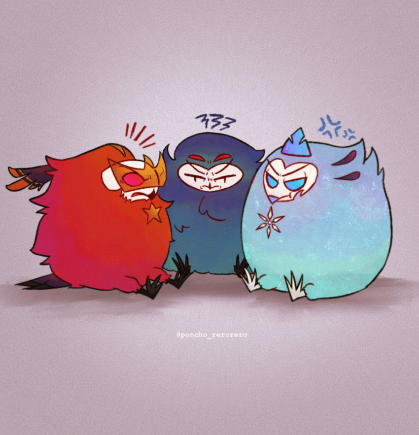 3boys, andrealphus_(helluva_boss), bird, bird_boy, blue_eyes, blue_feathers, demon_boy, extra_eyes