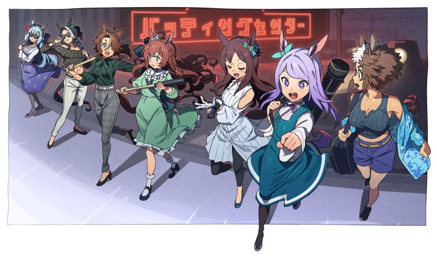 6+girls, ahoge, animal_ears, baseball_bat, black_hair, blue_hair, braid, breasts, brown_hair, casual, cleavage, closed_eyes, closed_mouth, collarbone, commentary_request, full_body, gloves, hair_between_eyes, hair_ornament, highres, horse_ears, horse_girl, jacket, long_hair, looking_at_viewer, mejiro_ardan_(casual)_(umamusume), mejiro_ardan_(umamusume), mejiro_bright_(casual)_(umamusume), mejiro_bright_(umamusume), mejiro_dober_(casual)_(umamusume), mejiro_dober_(umamusume), mejiro_family_(umamusume), mejiro_mcqueen_(casual)_(umamusume), mejiro_mcqueen_(umamusume), mejiro_palmer_(casual)_(umamusume), mejiro_palmer_(umamusume), mejiro_ramonu_(casual)_(umamusume), mejiro_ramonu_(umamusume), mejiro_ryan_(umamusume), midriff, multiple_girls, navel, nishiki_kazue, open_mouth, purple_eyes, purple_hair, ribbon, short_hair, small_breasts, smile, standing, sunglasses, umamusume