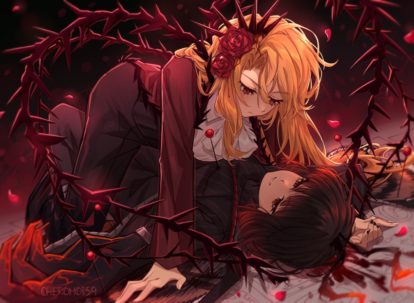 2girls, 4th_match_flame_(e.g.o), absurdres, all_fours, antennae, ascot, asymmetrical_arms, black_hair, black_pants, blonde_hair, blood, bob_cut, butterfly_wings, cheromo159, collared_shirt, don_quixote_(project_moon), e.g.o_(project_moon), flower, frilled_ascot, frills, grin, hair_flower, hair_ornament, heart, highres, insect_pin, insect_wings, jacket, limbus_company, long_hair, lying, multiple_girls, on_back, pants, pin, pinned, project_moon, red_eyes, red_flower, red_jacket, red_rose, rose, ryoshu_(project_moon), serious, shirt, smile, striped_clothes, striped_shirt, vertical-striped_clothes, vertical-striped_shirt, white_ascot, white_shirt, wings, yearning-mircalla_(e.g.o), yuri