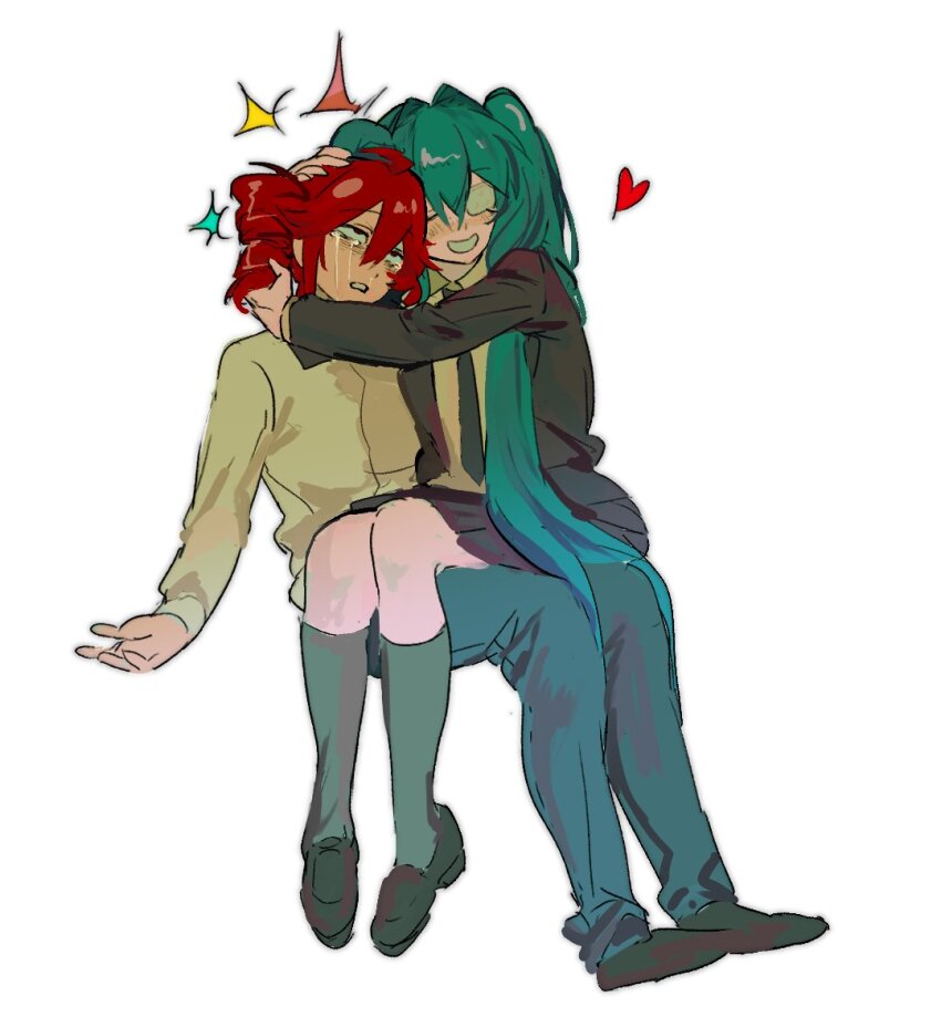 2girls, ahoge, aqua_hair, ataman_ita_(synthesizer_v), black_footwear, black_necktie, black_skirt, black_socks