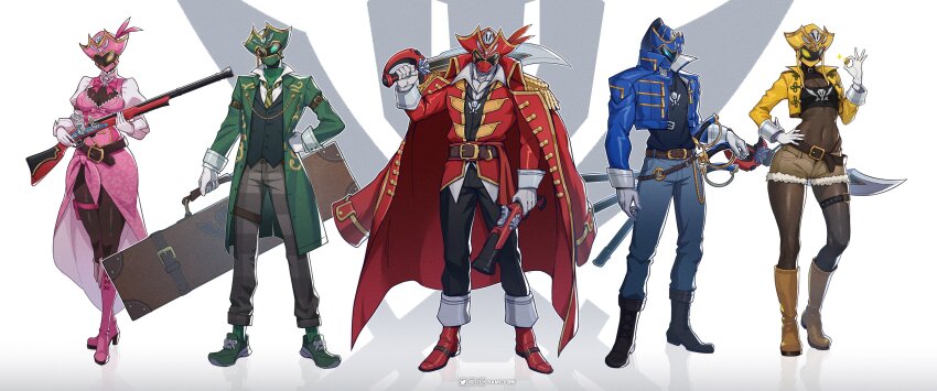 2girls, 3boys, absurdres, animification, belt, blue_helmet, bodysuit, boots, cargo_shorts, dual_wielding, feathered_helmet, full_body, gloves, gokai_blue, gokai_green, gokai_pink, gokai_red, gokai_yellow, green_helmet, gun, hand_on_weapon, helmet, highres, holding, jacket, jolly_roger, kaizoku_sentai_gokaiger, long_hair, looking_at_viewer, mask, multiple_boys, multiple_girls, pantyhose, pink_helmet, pirate_costume, polo_shirt, ponytail, red_helmet, shorts, skull_and_crossed_swords, standing, super_sentai, sword, tokusatsu, tongzhen_ganfan, weapon, white_gloves, yellow_helmet