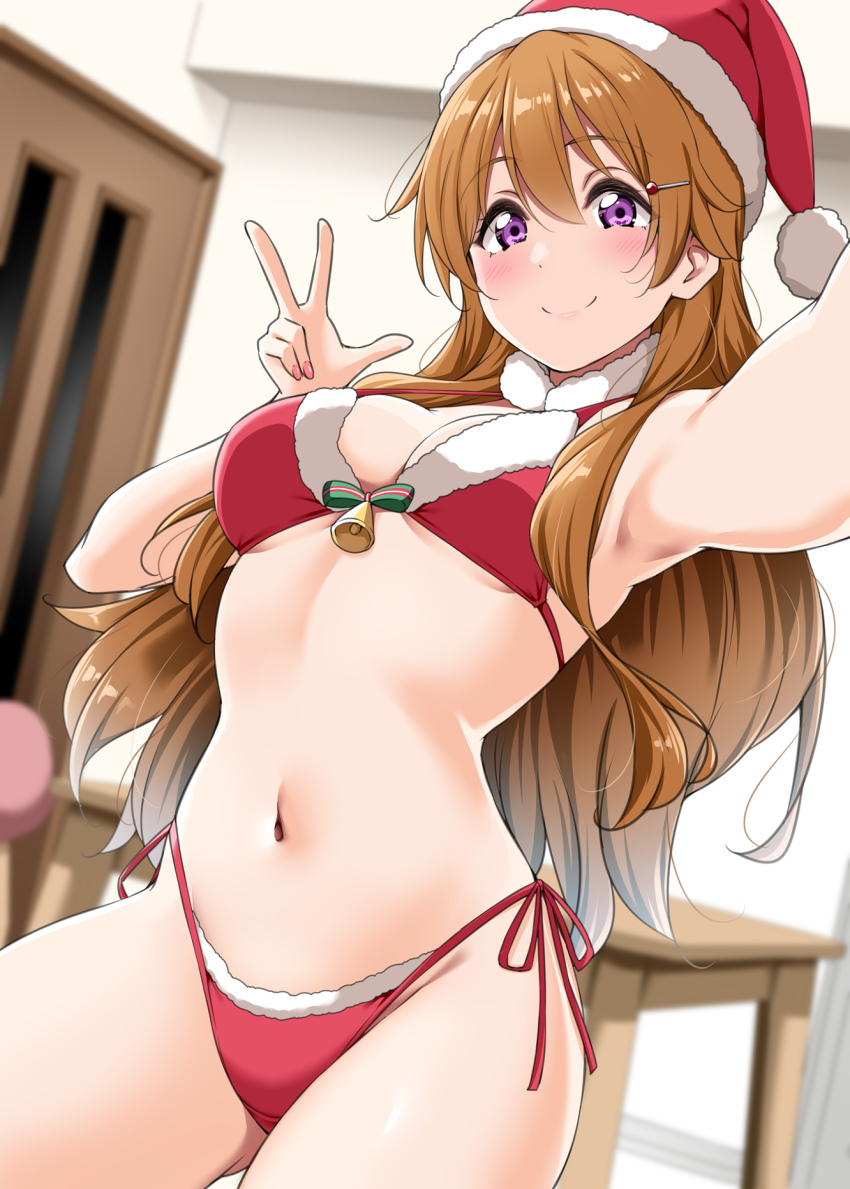 armpits, bell, bikini, bra, breasts, breasts_apart, brown_hair, cowboy_shot