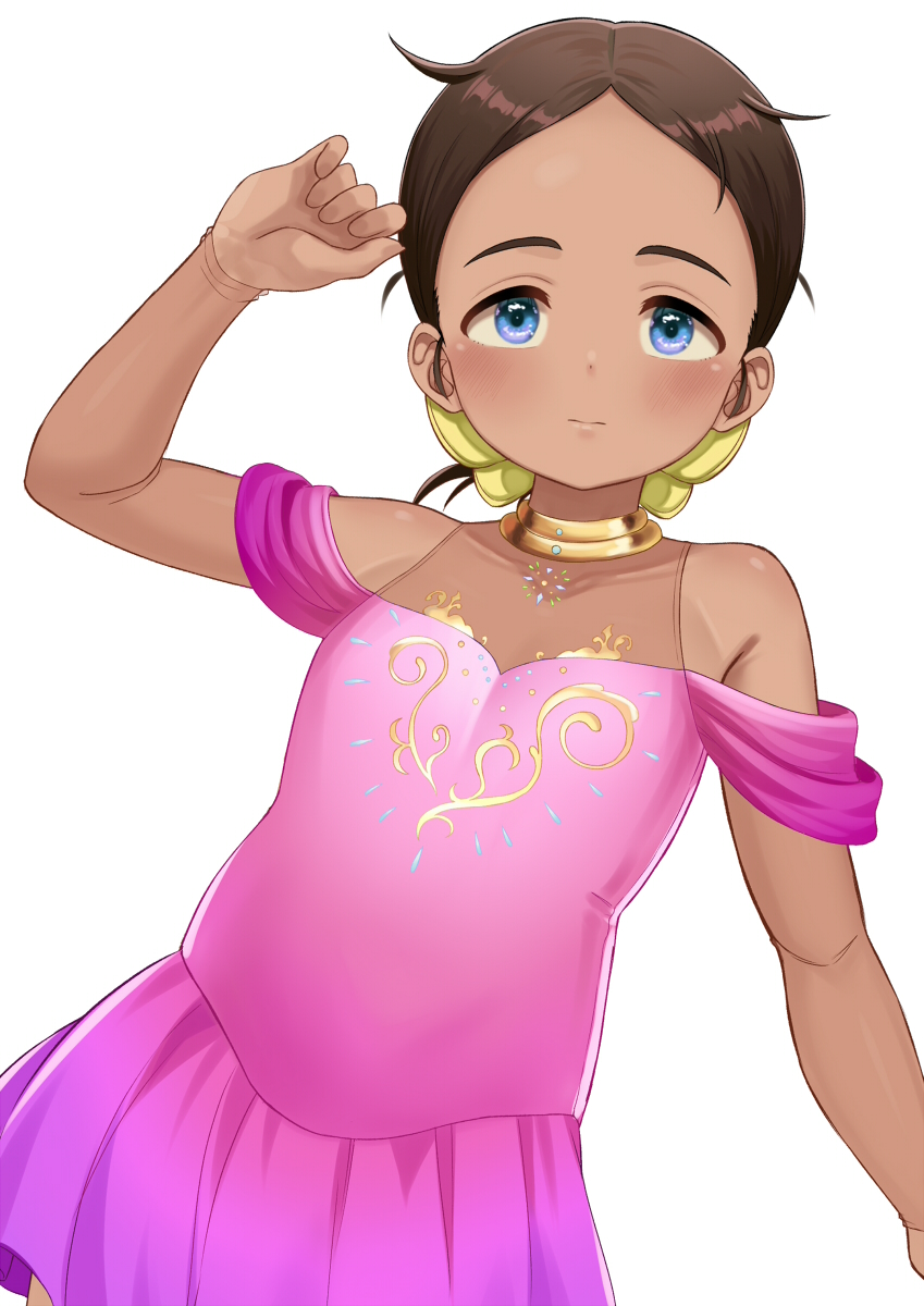 1girl, arm_up, atg_(wttoo0202), bare_shoulders, blue_eyes, brown_hair, closed_mouth, commentary_request, covered_collarbone, dark-skinned_female, dark_skin, dress, forehead, gradient_clothes, gradient_dress, hand_up, highres, looking_at_viewer, medalist_(manga), off-shoulder_dress, off_shoulder, parted_bangs, pink_dress, purple_dress, simple_background, solo, white_background, yamato_ema