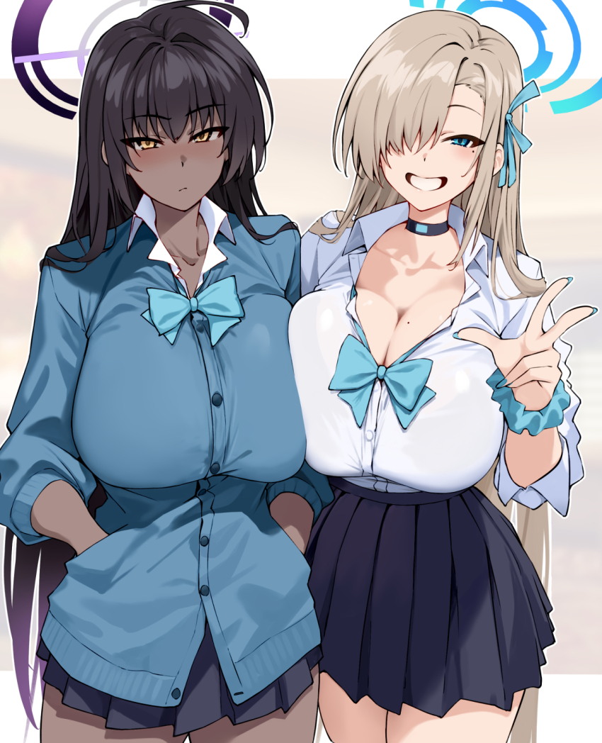 2girls, asuna_(blue_archive), asuna_(school_uniform)_(blue_archive), black_hair, black_skirt, blonde_hair, blue_archive, blue_eyes