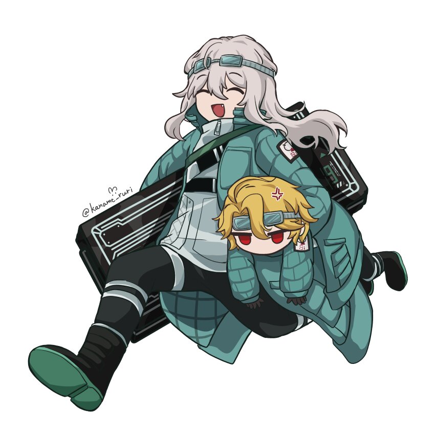 1boy, 1girl, absurdres, anger_vein, aqua_coat, bag, black_footwear, black_gloves