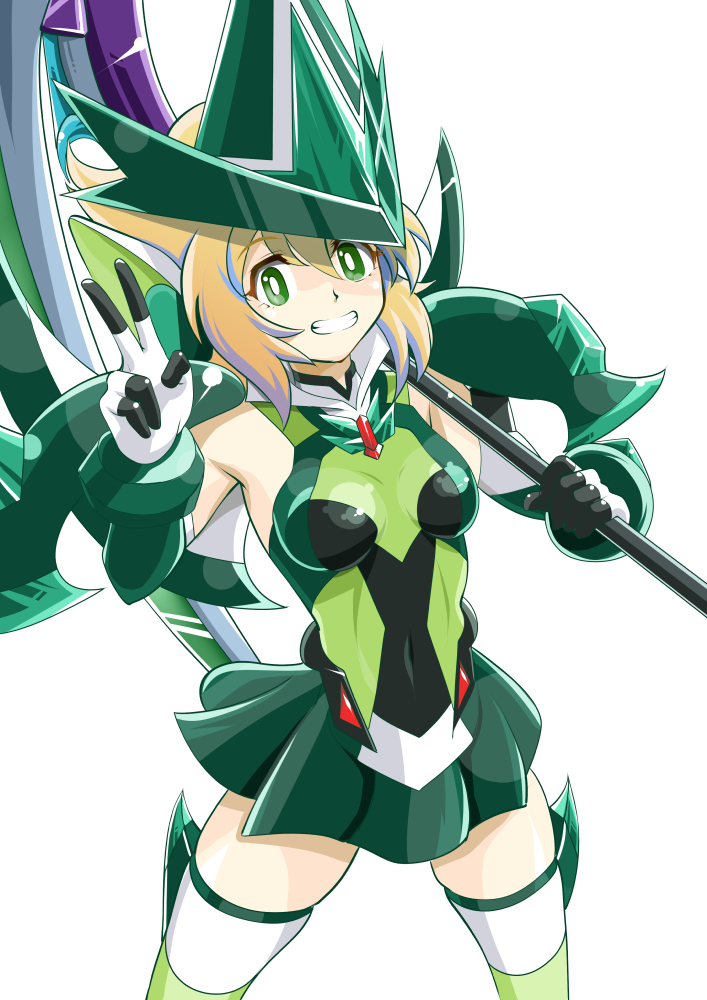 1girl, akatsuki_kirika, blonde_hair, bodysuit, breasts, bright_pupils, commentary_request, covered_navel