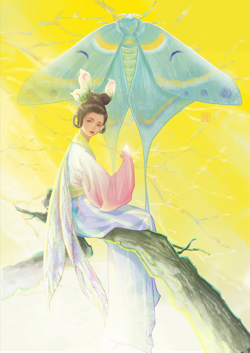 1girl, black_hair, bug, chinese_clothes, full_body, green_eyes, hair_rings, hanfu, highres, in_tree, insect, insect_wings, long_skirt, long_sleeves, moth, moth_wings, original, overfly1112, realistic, red_lips, sitting, sitting_in_tree, skirt, solo, striped_clothes, striped_skirt, tree, vertical-striped_clothes, vertical-striped_skirt, wings