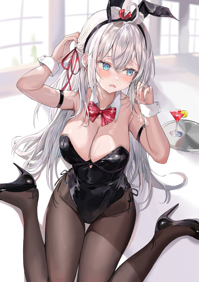 1girl, absurdres, alisa_mikhailovna_kujou, animal_ears, antenna_hair, arm_strap, black_leotard, black_pantyhose