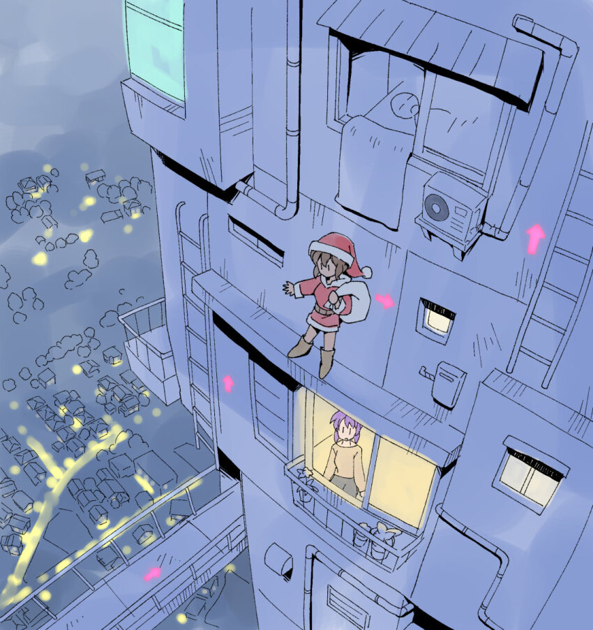 1boy, 2girls, air_conditioner, arrow_(symbol), awning, belt, boots, brown_eyes