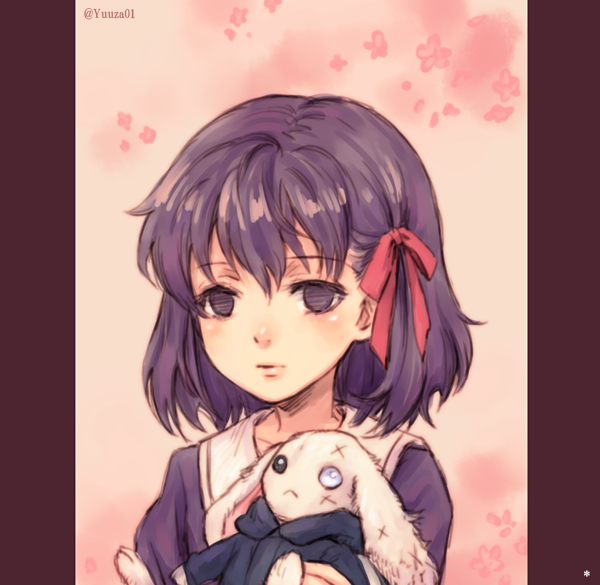 1girl, commentary_request, empty_eyes, fate/zero, fate_(series), hair_ribbon, holding, holding_stuffed_toy, matou_sakura, matou_sakura_(fate/zero), pillarboxed, purple_eyes, purple_hair, ribbon, solo, stuffed_animal, stuffed_rabbit, stuffed_toy, upper_body, yuuza_(yuuza01)