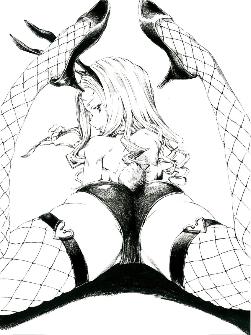 1girl, animal_ears, ass, crotch, fake_animal_ears, fake_tail, fishnet_thighhighs, fishnets, fork, girls_und_panzer, greyscale, high_heels, highres, holding, holding_fork, long_hair, looking_at_viewer, looking_back, lying, marie_(girls_und_panzer), monochrome, on_stomach, playboy_bunny, rabbit_ears, rabbit_tail, sawamin, simple_background, smile, solo, tail, thighhighs