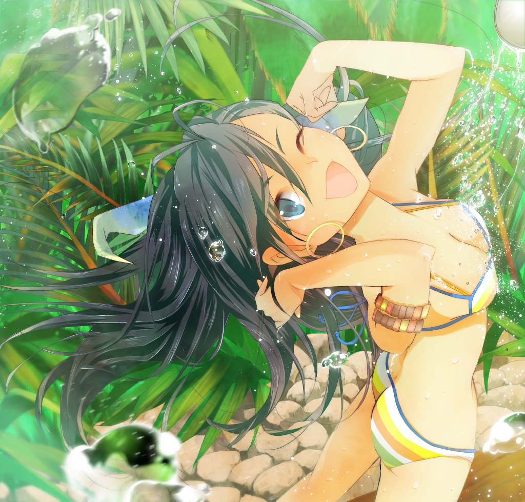 1girl, ass, bad_id, bad_pixiv_id, bikini, black_hair, blue_eyes, breasts, cleavage, earrings, female_focus, ganaha_hibiki, haruru, high_ponytail, idolmaster, idolmaster_(classic), jewelry, long_hair, medium_breasts, one_eye_closed, open_mouth, paruru_(loooooper), plant, ponytail, showering, smile, solo, swimsuit, water, wink