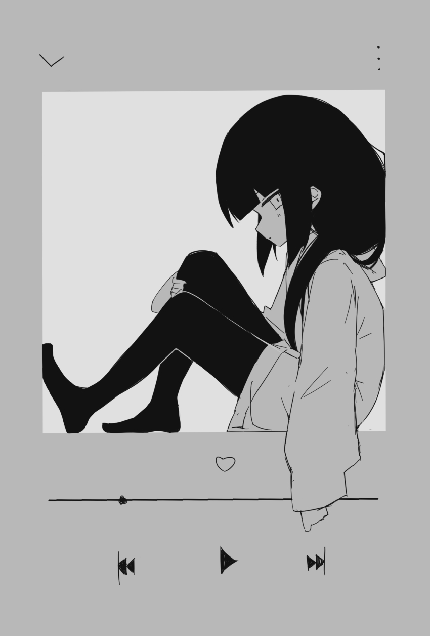 14u0, 1girl, black_thighhighs, closed_mouth, commentary, english_commentary, expressionless, from_side, greyscale, hand_on_own_knee, heart, highres, hood, hood_down, hoodie, in_cube, inabakumori, jitome, long_hair, long_sleeves, looking_at_viewer, media_player_interface, monochrome, osage_(nukunuku_nigirimeshi), play_button, progress_bar, sidelocks, sleeves_past_wrists, solo, thighhighs