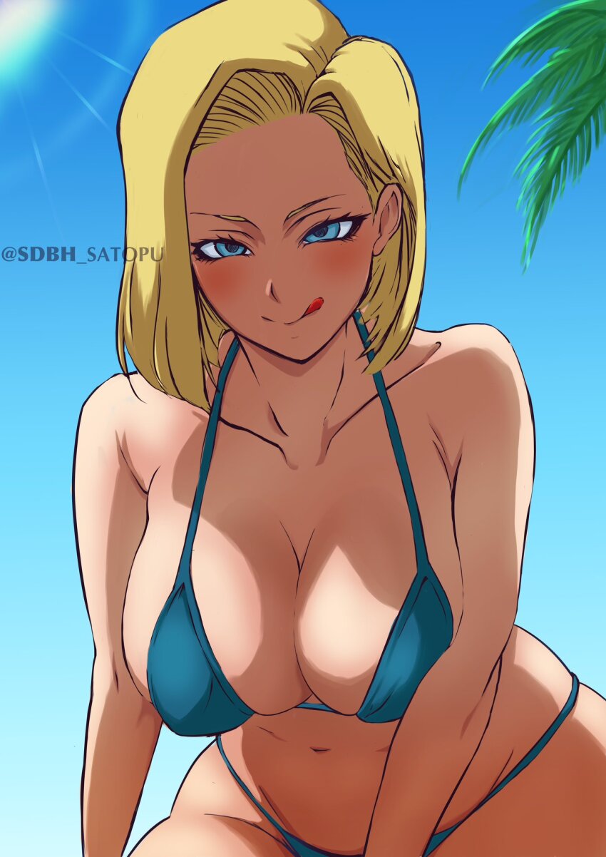1girl, android_18, artist_name, beach, bikini, blonde_hair, blue_bra, blue_eyes