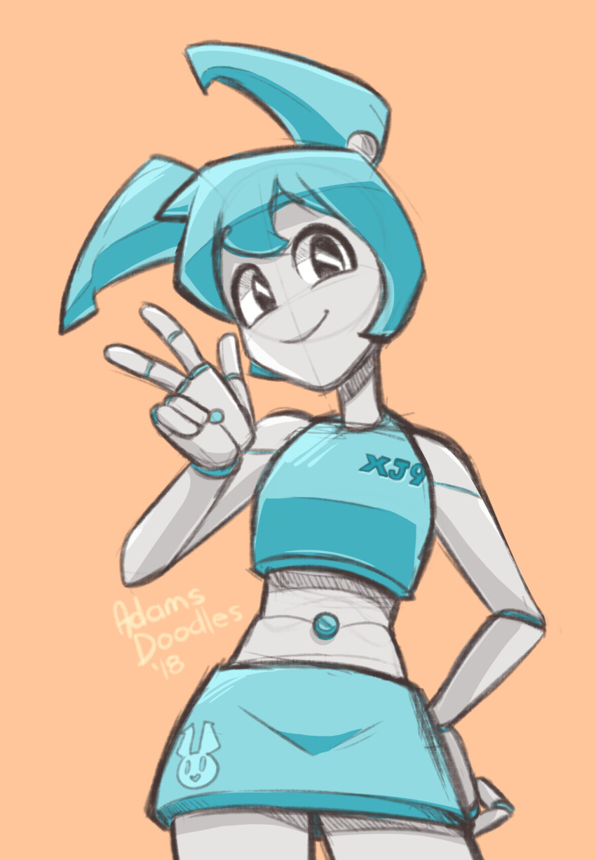 1girl, absurdres, android, blue_hair, blue_skirt, blue_tank_top, colored_skin, doosio