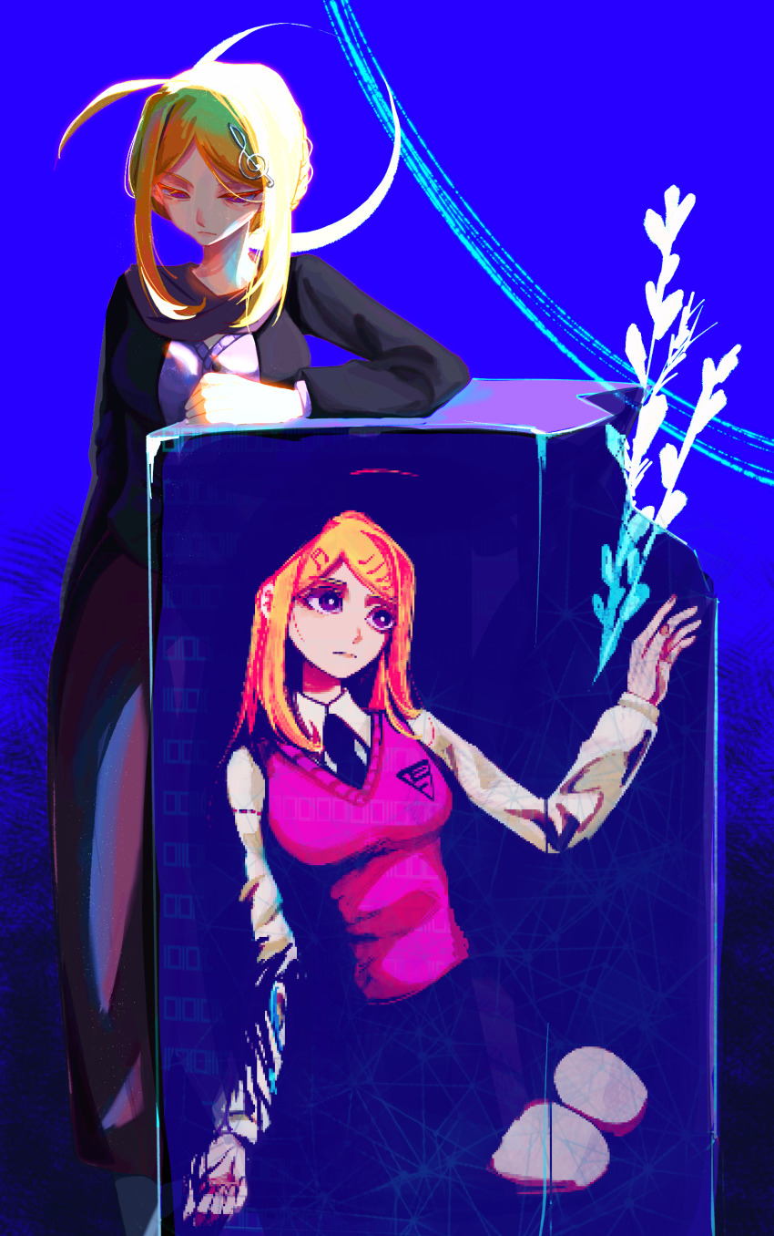 2girls, absurdres, ahoge, akamatsu_kaede, bare_legs, black_dress, black_footwear, black_necktie