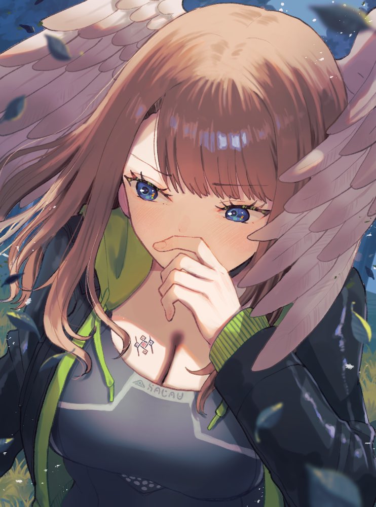 1girl, black_jacket, blue_eyes, blurry, blurry_foreground, breasts, brown_hair, chomo_(engawaparty)