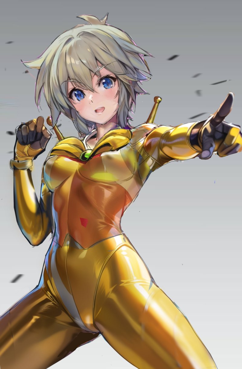 1girl, allenby_beardsley, alternate_hairstyle, blonde_hair, blue_eyes, blush, bodysuit, covered_erect_nipples, covered_navel, g_gundam, gundam, highres, huo_ji_wu, hyper_mode_(gundam), looking_at_viewer, mecha_pilot_suit, mobile_trace_suit, pointing, shiny_clothes, short_hair, skin_tight, smile, solo, standing, yellow_bodysuit